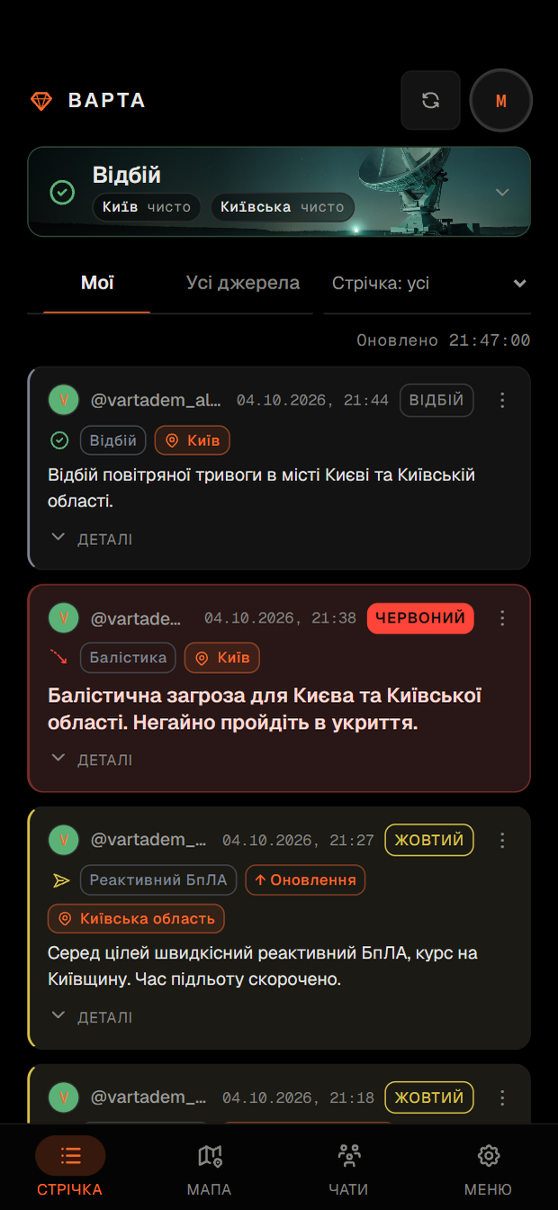 Стрічка застосунку: картки подій з рівнем загрози та типом зброї
